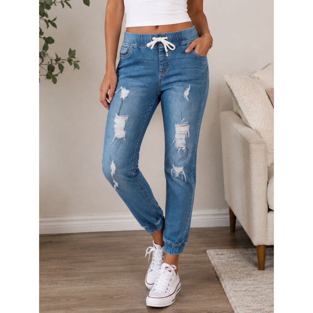 Celebrity Pink Distressed Jogger Jeans Medium Pull On Stretch Denim Blue